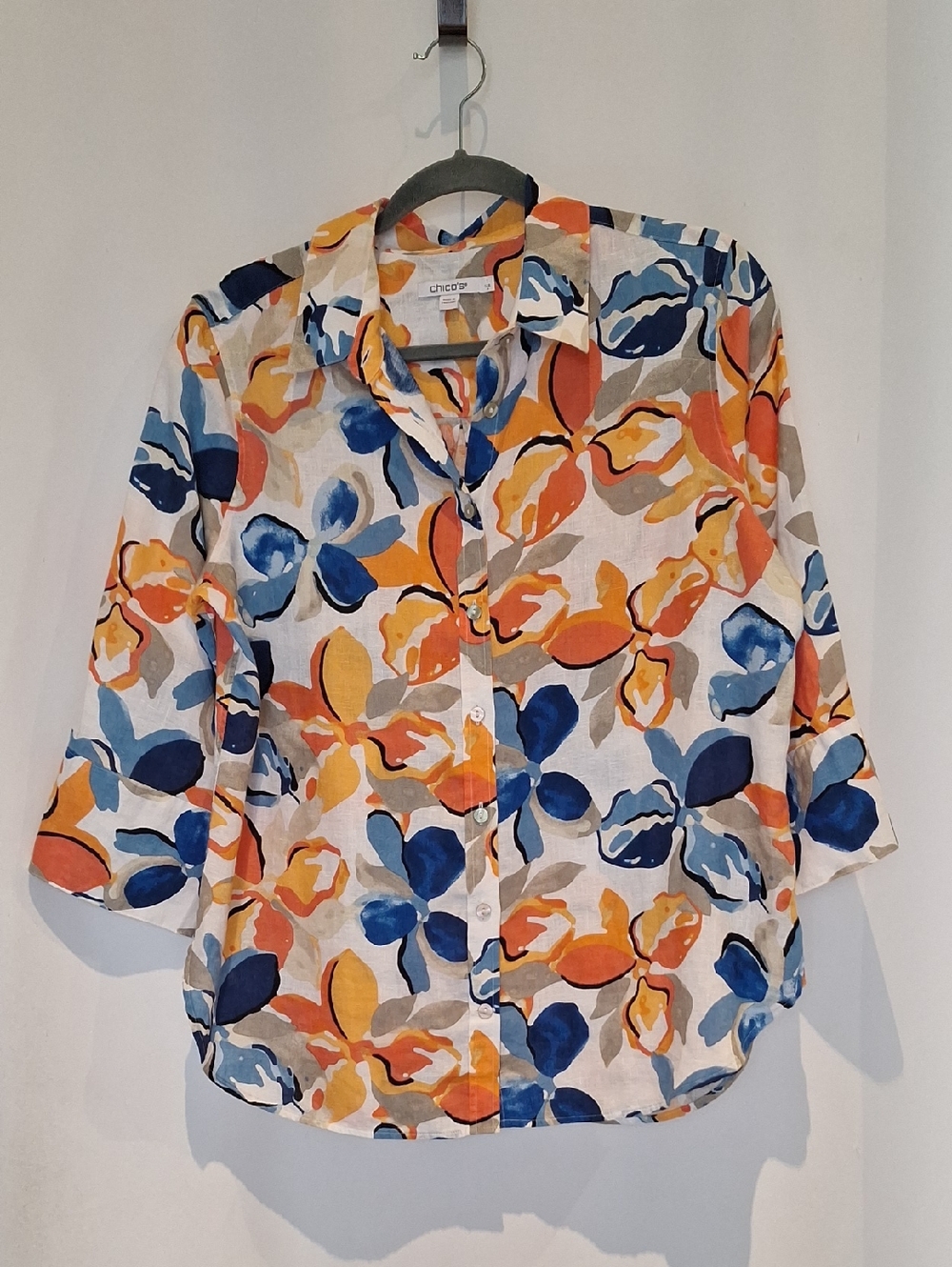 Chico's 100% Linen Floral Button-Down Shirt in Blue, Orange & Yellow Size 8
